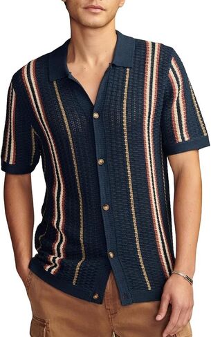 Men's Vintage Knit Polo Shirt Short Sleeve Striped Multicolor Button Down Knitting Golf Shirts Top in Saudi Arabia