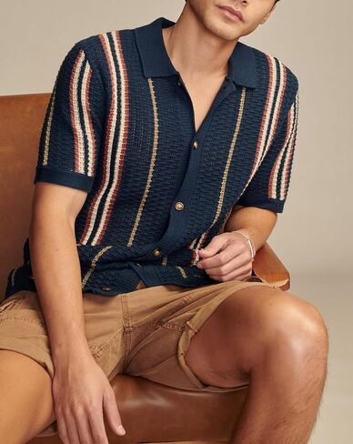 Men's Vintage Knit Polo Shirt Short Sleeve Striped Multicolor Button Down Knitting Golf Shirts Top in Saudi Arabia