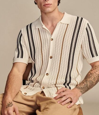 Men's Vintage Knit Polo Shirt Short Sleeve Striped Multicolor Button Down Knitting Golf Shirts Top in Saudi Arabia