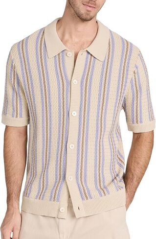 Men's Vintage Knit Polo Shirt Short Sleeve Striped Multicolor Button Down Knitting Golf Shirts Top in Saudi Arabia