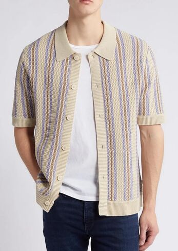 Men's Vintage Knit Polo Shirt Short Sleeve Striped Multicolor Button Down Knitting Golf Shirts Top in Saudi Arabia