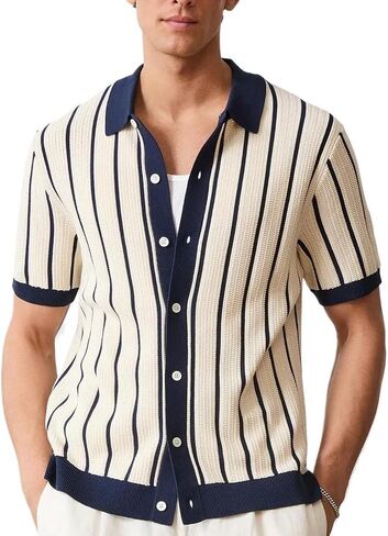 Men's Vintage Knit Polo Shirt Short Sleeve Striped Multicolor Button Down Knitting Golf Shirts Top in Saudi Arabia