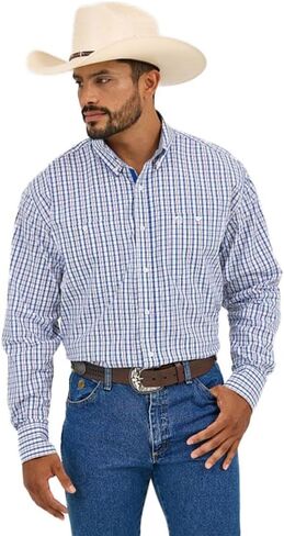 Wrangler Mens George Strait Blue/Red Plaid Long Sleeve Button Down Shirt Blue L in Saudi Arabia