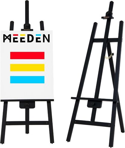 MEEDEN حامل أسود عالي التحمل: حامل فني خشبي للرسم والعرض، زاوية وارتفاع قابلان للتعديل من 57 بوصة إلى 76 بوصة ارتفاع، يحمل قماشًا يصل إلى 43 بوصة، ويحمل 22 رطلاً in Saudi Arabia