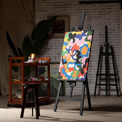 MEEDEN حامل أسود عالي التحمل: حامل فني خشبي للرسم والعرض، زاوية وارتفاع قابلان للتعديل من 57 بوصة إلى 76 بوصة ارتفاع، يحمل قماشًا يصل إلى 43 بوصة، ويحمل 22 رطلاً in Saudi Arabia