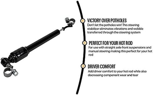 Black Steering Stabilizer for Hot Rods, Street Rods, Reduces Vibrations & Bump Steer, Enhances Comfort, Easy Installation with 7/8" ID Clamps, Ideal for Straight Axle, Manual Steering in Saudi Arabia