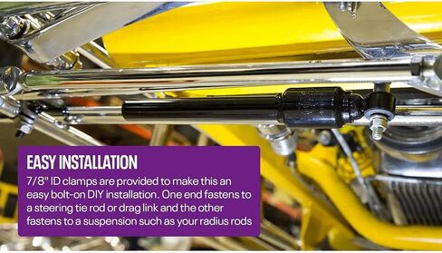 Black Steering Stabilizer for Hot Rods, Street Rods, Reduces Vibrations & Bump Steer, Enhances Comfort, Easy Installation with 7/8" ID Clamps, Ideal for Straight Axle, Manual Steering in Saudi Arabia