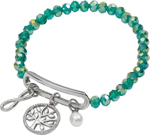 Alex and Ani Family Interchangeable Stretch Bracelet, Shiny Silver, Green Charm, Expandable from 6 inches to 8 inches in Saudi Arabia