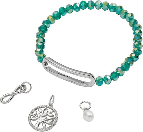 Alex and Ani Family Interchangeable Stretch Bracelet, Shiny Silver, Green Charm, Expandable from 6 inches to 8 inches in Saudi Arabia