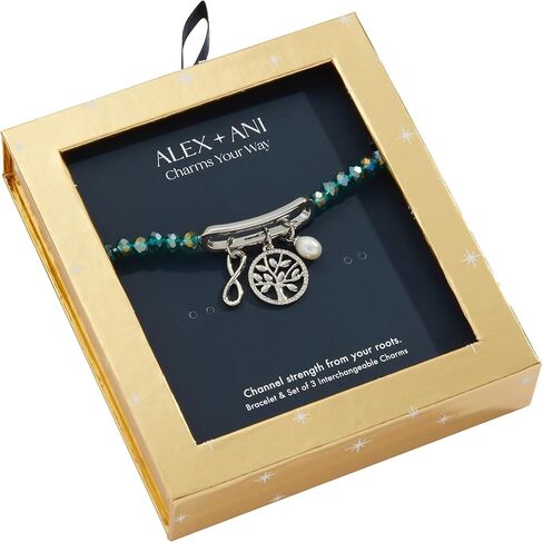 Alex and Ani Family Interchangeable Stretch Bracelet, Shiny Silver, Green Charm, Expandable from 6 inches to 8 inches in Saudi Arabia