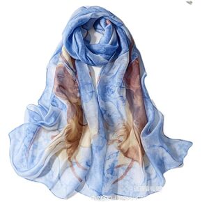 Silk Scarf for Women, Watercolor Floral Print, Light Blue and Brown, Lightweight Sheer Wrap in Kuwait