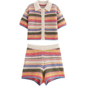 نساء قصير الأكمام سترة بولو سترة مخططة لأعلى ألياف متماسكة قمم الكروشيه تي شيرت in Kuwait