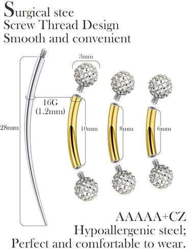 Eyebrow & Rook Piercing Jewelry Surgical Steel Internal Thread Curved Barbell Tiny Eyebrow Ring Vertical Labret Lip Jewelry Ear Rook Small Belly Button Ring for Women Men 16g 6mm/8mm/10mm in Kuwait