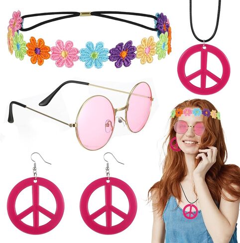 5PCS Hippie Costume Set, 60s70s Retro Hippie Glasses Peace Sign Earrings and Sunflower Necklace Hair Band, Women Hippie hippie Accessories for Groovy Party Halloween Cosplay in Saudi Arabia