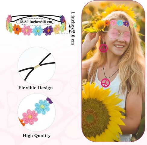 5PCS Hippie Costume Set, 60s70s Retro Hippie Glasses Peace Sign Earrings and Sunflower Necklace Hair Band, Women Hippie hippie Accessories for Groovy Party Halloween Cosplay in Saudi Arabia