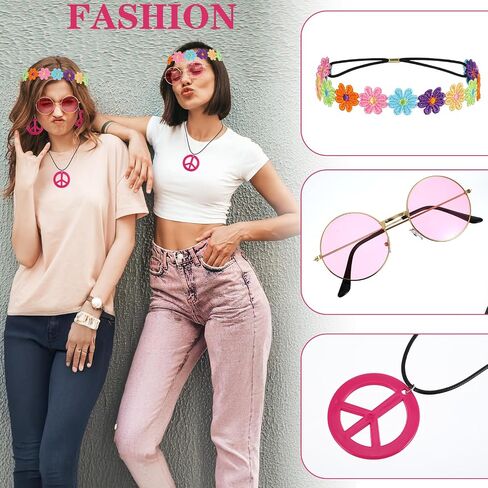 5PCS Hippie Costume Set, 60s70s Retro Hippie Glasses Peace Sign Earrings and Sunflower Necklace Hair Band, Women Hippie hippie Accessories for Groovy Party Halloween Cosplay in Saudi Arabia