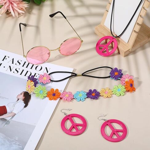 5PCS Hippie Costume Set, 60s70s Retro Hippie Glasses Peace Sign Earrings and Sunflower Necklace Hair Band, Women Hippie hippie Accessories for Groovy Party Halloween Cosplay in Saudi Arabia