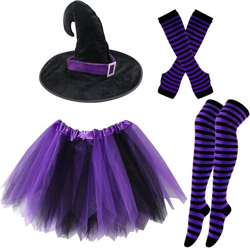 2025 Halloween Witch Costume Women, Witch Hat Short Layered Tutu & Striped Tight Socks Gloves Set for Teen Girls in Kuwait
