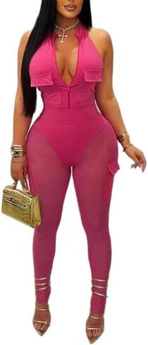 Ptorlio Women Sexy 2 قطعة ملابس شبكية نادي Bodycon Cargo Romper انظر من خلال سروال النادي in Kuwait