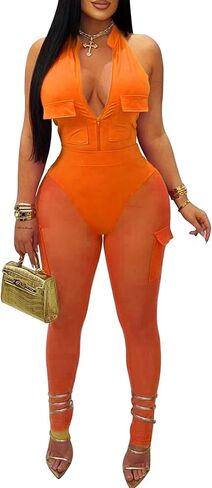 Ptorlio Women Sexy 2 قطعة ملابس شبكية نادي Bodycon Cargo Romper انظر من خلال سروال النادي in Kuwait