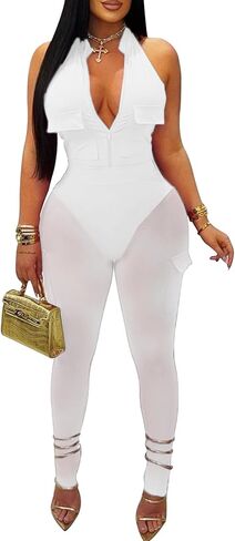 Ptorlio Women Sexy 2 قطعة ملابس شبكية نادي Bodycon Cargo Romper انظر من خلال سروال النادي in Kuwait