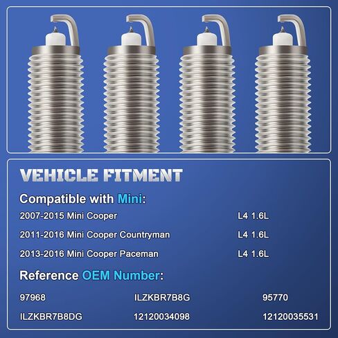Iridium Platinum Spark Plugs 4 Pack متوافق مع Mini Cooper 2007 2008 2008 2010 2012 2012 2014 2015 ، Mini Cooper Countryman Paceman 2011-2016 L4 1.6L يحل محل ILZKBR7B8G ، ILZKBR7B8DG in Saudi Arabia