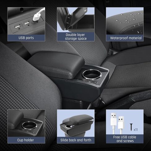 صندوق تخزين ذراع yjywzh للركوب لنيسان Almera Versa 2012-2019 مربع مسند وحدة التحكم في مركز CANER Double مع 6 منافذ USB وملحقات السيارة الداخلية للسيارة (الخيط الأسود) in Kuwait