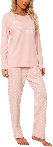 EISHOPEER Women's 2 Piece Cotton Long Sleeve Pajamas Set Cute Print Top and Pants Pjs Loungewear Sleepwear Sets in Kuwait