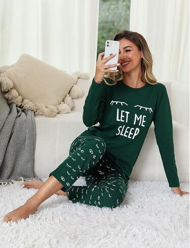 EISHOPEER Women's 2 Piece Cotton Long Sleeve Pajamas Set Cute Print Top and Pants Pjs Loungewear Sleepwear Sets in Kuwait