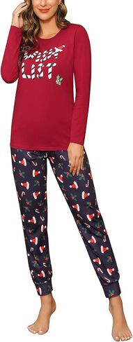 EISHOPEER Women's 2 Piece Cotton Long Sleeve Pajamas Set Cute Print Top and Pants Pjs Loungewear Sleepwear Sets in Kuwait