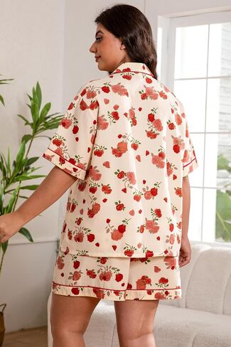 زائد حجم نساء بيجاما مجموعات زر أسفل البوليستر سام ملابسك Sexy Bowknot Silky Nighty 2pcs Cherry Lounge in Kuwait