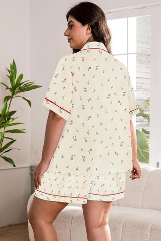 زائد حجم نساء بيجاما مجموعات زر أسفل البوليستر سام ملابسك Sexy Bowknot Silky Nighty 2pcs Cherry Lounge in Saudi Arabia