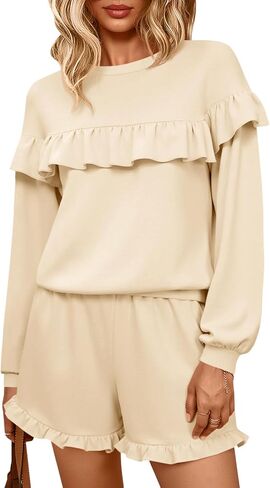 Tankaneo Womens 2 Piece Lounge Sets Ruffle Long Sleeve Sweatshirt High Waisted Shorts Sets Casual Sleepwear Loungewear in Saudi Arabia
