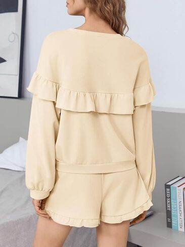 Tankaneo Womens 2 Piece Lounge Sets Ruffle Long Sleeve Sweatshirt High Waisted Shorts Sets Casual Sleepwear Loungewear in Saudi Arabia