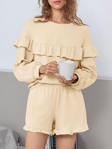 Tankaneo Womens 2 Piece Lounge Sets Ruffle Long Sleeve Sweatshirt High Waisted Shorts Sets Casual Sleepwear Loungewear in Saudi Arabia