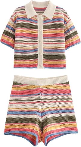 نساء قصير الأكمام سترة بولو سترة مخططة لأعلى ألياف متماسكة قمم الكروشيه تي شيرت in Kuwait