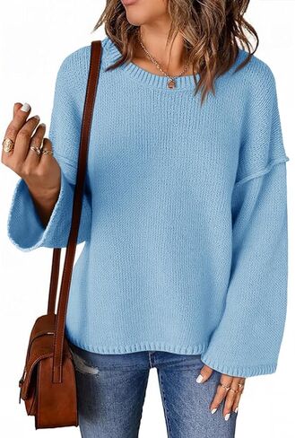 Cicy Bell Womens Oversized Pullover Sweater Fall Long Bell Sleeve Knit Tops Trendy Casual Crew Neck Sweaters in Saudi Arabia