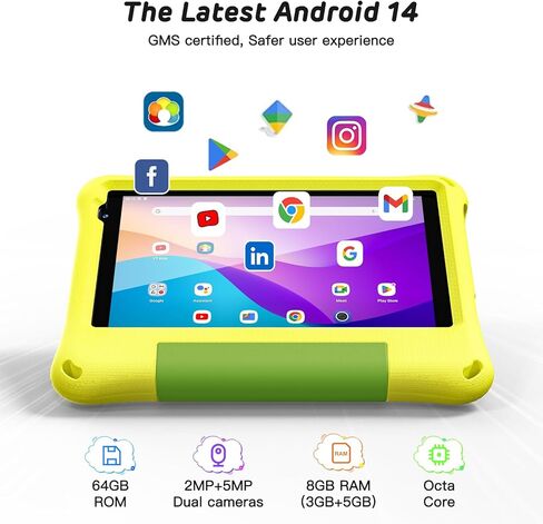 تابلت للأطفال مقاس 8 بوصات لجهاز Android 14 للأطفال الصغار مع حافظة EVA مقاومة للصدمات وواي فاي للأطفال مع يوتيوب، 64 جيجابايت، ثماني النواة، معتمد من GMS، كاميرا مزدوجة، أحمر in Kuwait
