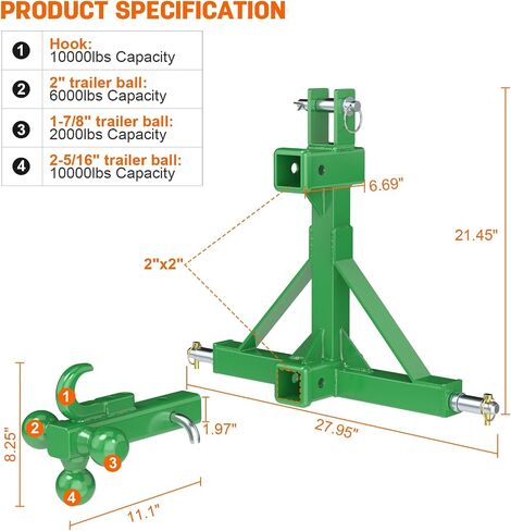 3 Point Trailer Hitch Dual 2" Receiver with Ball Hitch and Hook, 3 Point Hitch Receiver Tractor Mover Drawbar Hitch with Standard/5th Wheel/Goose Neck Connection, Cat.1 3 Point Hitch Attachment(Green) in Saudi Arabia