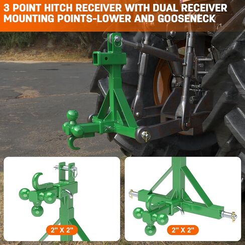 3 Point Trailer Hitch Dual 2" Receiver with Ball Hitch and Hook, 3 Point Hitch Receiver Tractor Mover Drawbar Hitch with Standard/5th Wheel/Goose Neck Connection, Cat.1 3 Point Hitch Attachment(Green) in Saudi Arabia