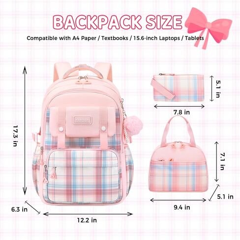 3Pcs Cute Backpack for Girls with Lunch Box & Pencil Case, Large Capacity Kids Bookbag for Elementary Middle School Students Waterproof Kawaii Preppy Aesthetic Plaid Backpack Age 4-16 in Kuwait