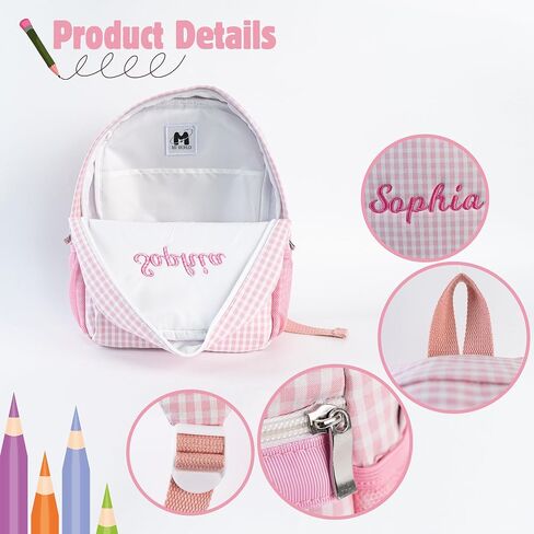 MT World Daycare Backpack Personalized Seersucker Toddler Backpack مع اسم مطرز Blaid Toddler Bookbag Custom Baby Girls Basy Daycare for Birthday Gifts School خلال الليل (الوردي) in Kuwait