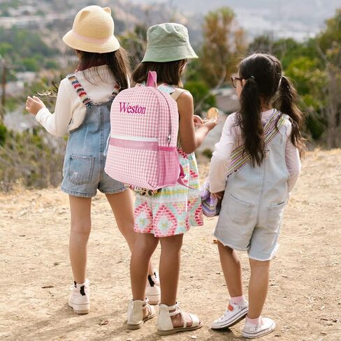 MT World Daycare Backpack Personalized Seersucker Toddler Backpack مع اسم مطرز Blaid Toddler Bookbag Custom Baby Girls Basy Daycare for Birthday Gifts School خلال الليل (الوردي) in Kuwait