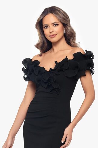 XSCAPE Women's Scuba Crepe قبالة فستان طول الركبة الكشكش في الكتف in Saudi Arabia