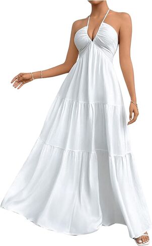 SHENHE Women's Deep V Neck Tie Knot Backless Halter Dress A Line Flowy Ruffle Maxi Dress in Saudi Arabia