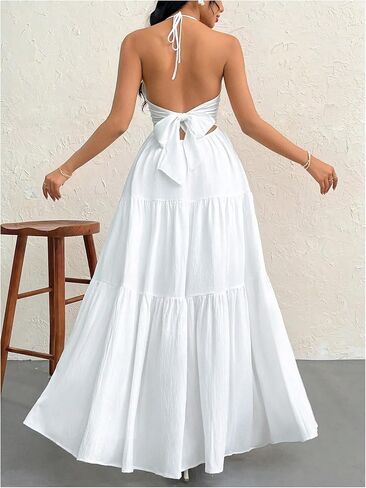 SHENHE Women's Deep V Neck Tie Knot Backless Halter Dress A Line Flowy Ruffle Maxi Dress in Saudi Arabia