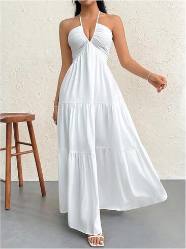 SHENHE Women's Deep V Neck Tie Knot Backless Halter Dress A Line Flowy Ruffle Maxi Dress in Saudi Arabia