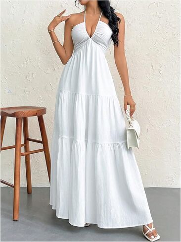 SHENHE Women's Deep V Neck Tie Knot Backless Halter Dress A Line Flowy Ruffle Maxi Dress in Saudi Arabia