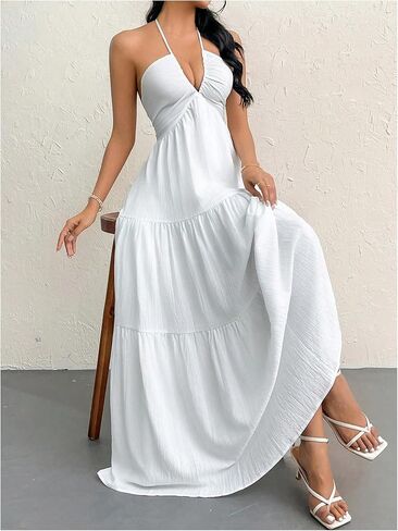 SHENHE Women's Deep V Neck Tie Knot Backless Halter Dress A Line Flowy Ruffle Maxi Dress in Saudi Arabia