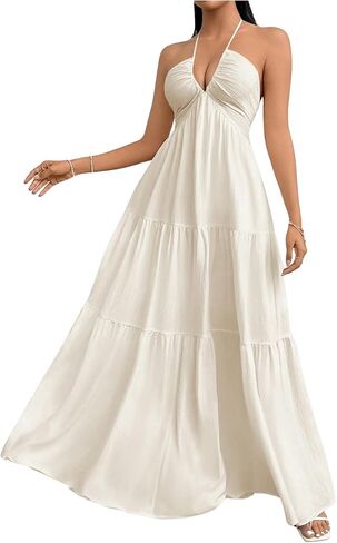 SHENHE Women's Deep V Neck Tie Knot Backless Halter Dress A Line Flowy Ruffle Maxi Dress in Saudi Arabia